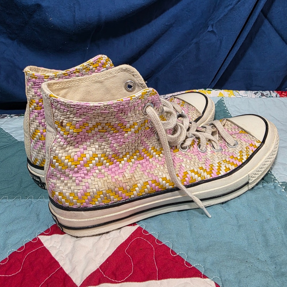 Converse Chuck 70 High Top Sneakers Womens 9 Mens 7 Pink Yellow Woven Chevron - Picture 5 of 10